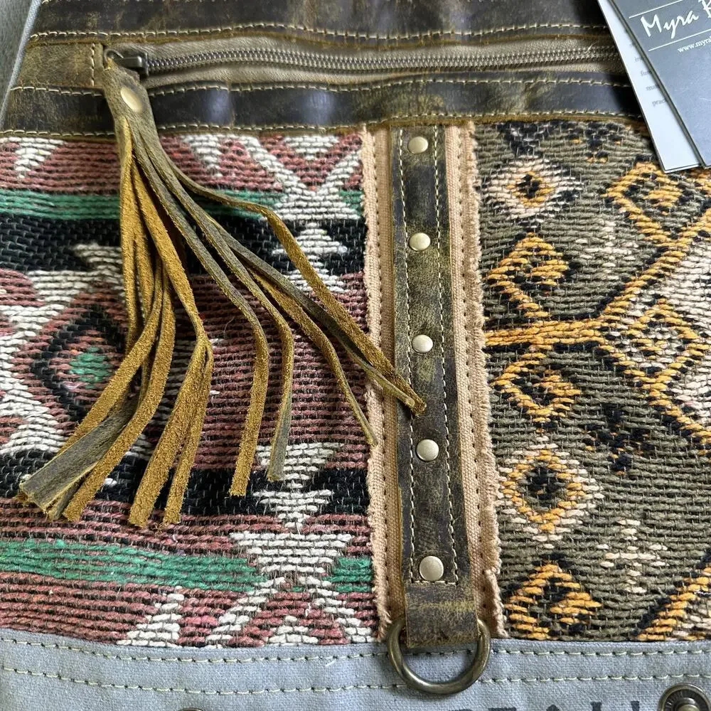 Myra bag Backpack Medium Canvas Leather trim Boho Western woven rug